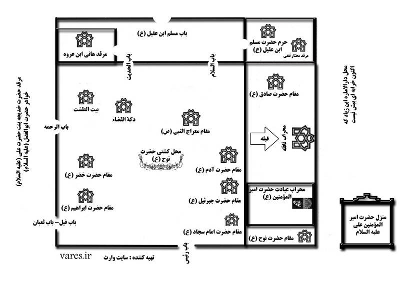 قبر مختار در مسجد کوفه و نقشه مسجد کوفه